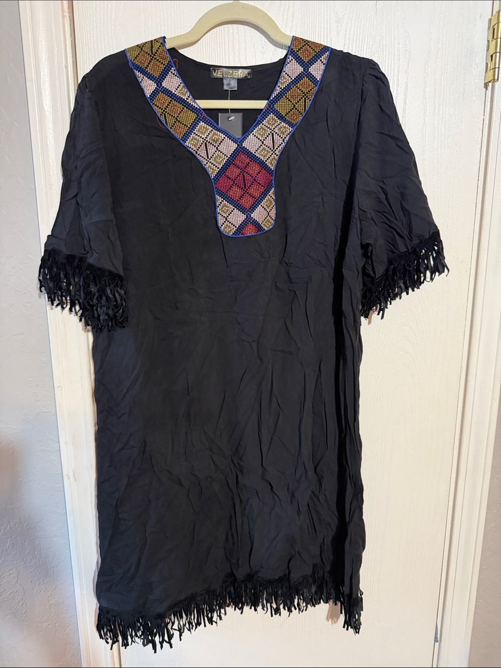 Velzera Black Tunic with Multicolor Embroidered V-Neck and Fringe
